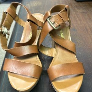Franco sarto brown leather wedge sandal with cork heel size 6.5